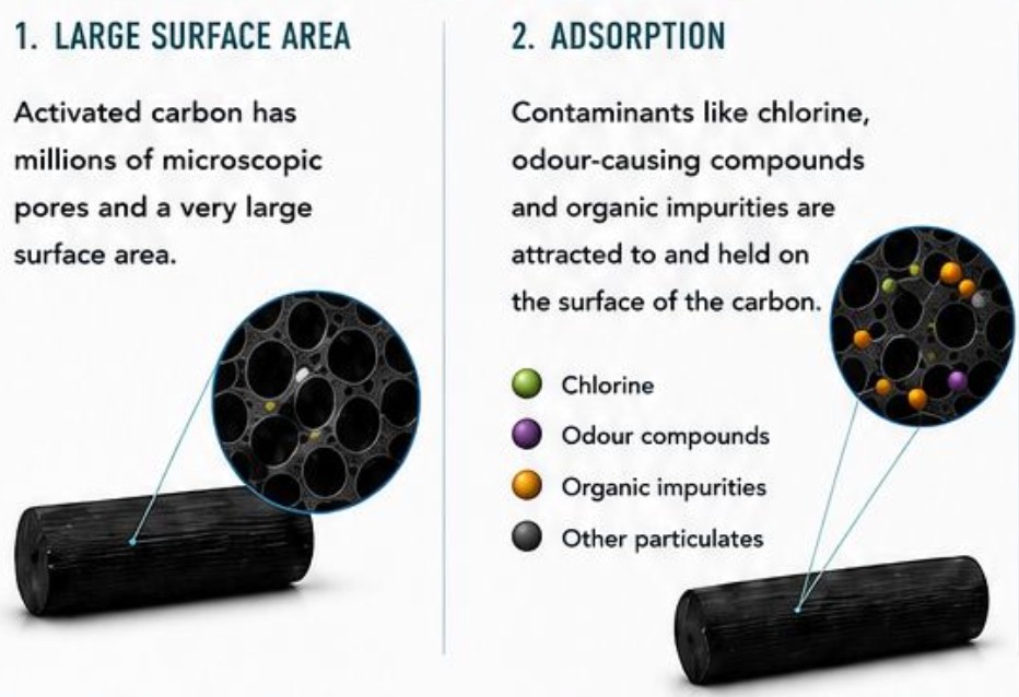 Diagram showing the large internal surface area of activated carbon and contaminants held on that surface.