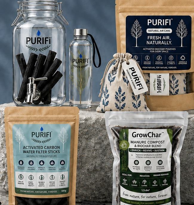 The PURIFi and GrowChar range: water filter sticks, a glass dispenser, air care pouches and GrowChar compost blend.