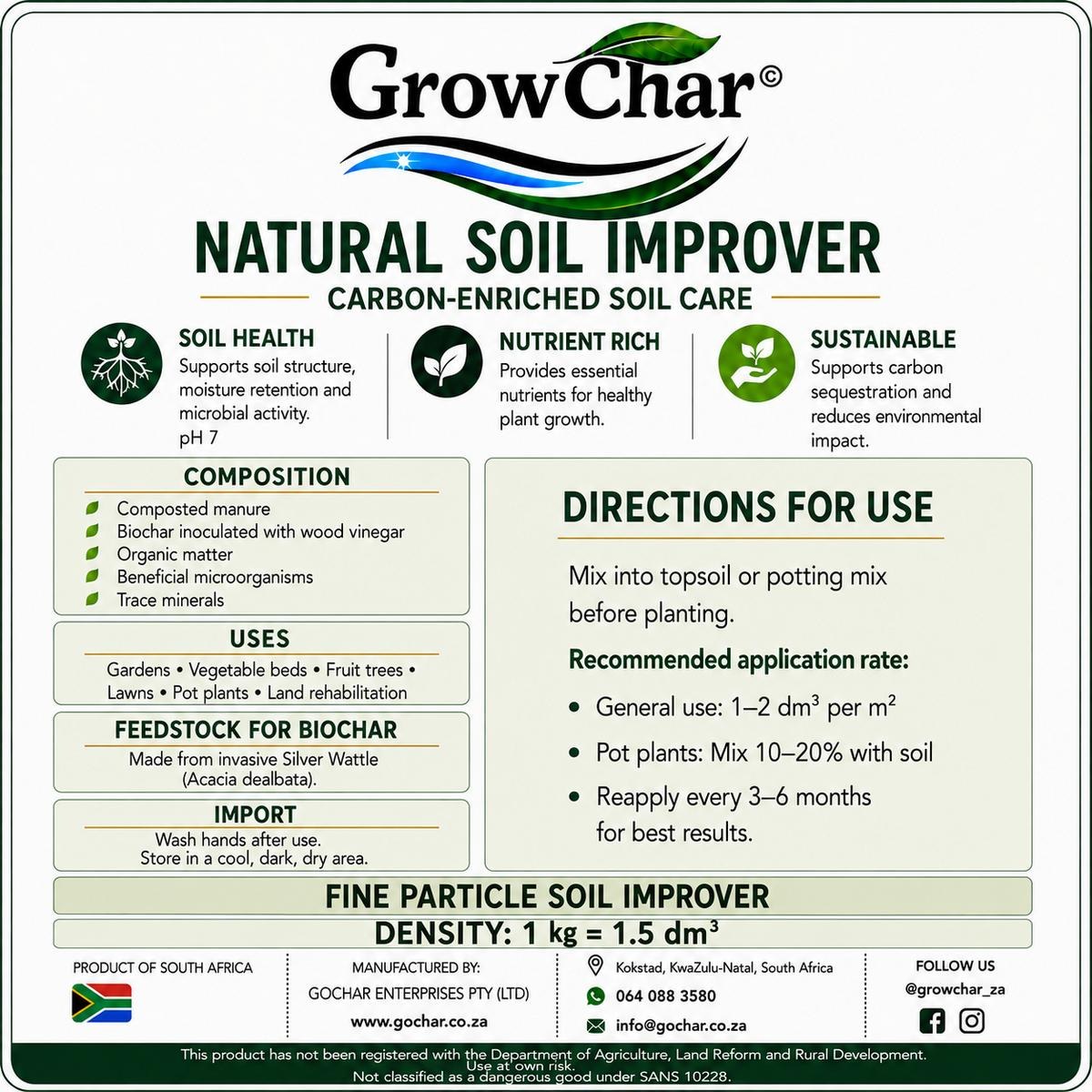 GrowChar Natural Soil Improver label showing composition, uses, feedstock and application rates.