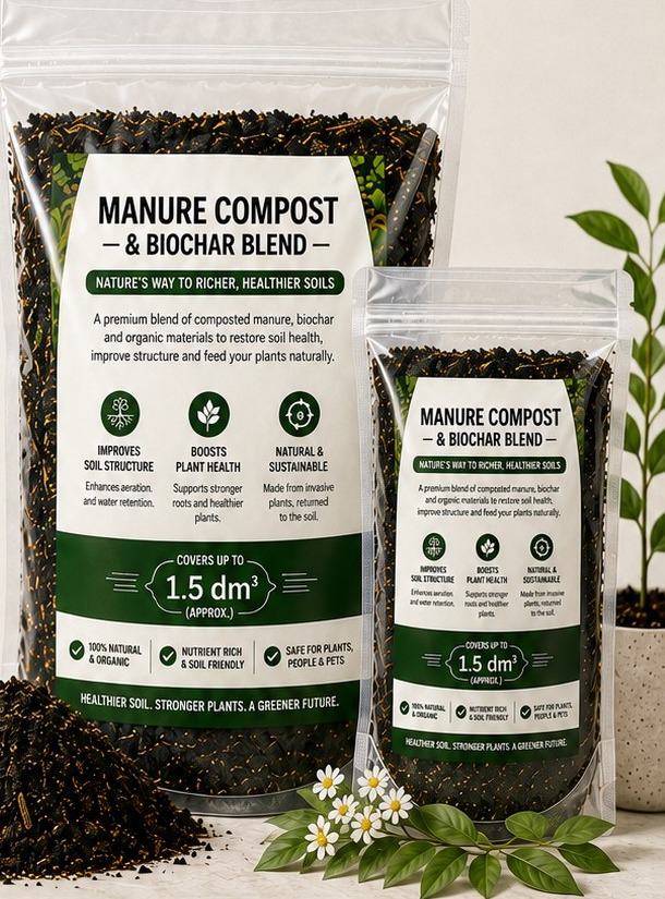 GrowChar manure compost and biochar blend in 1.5 and 2.5 dm³ bags.