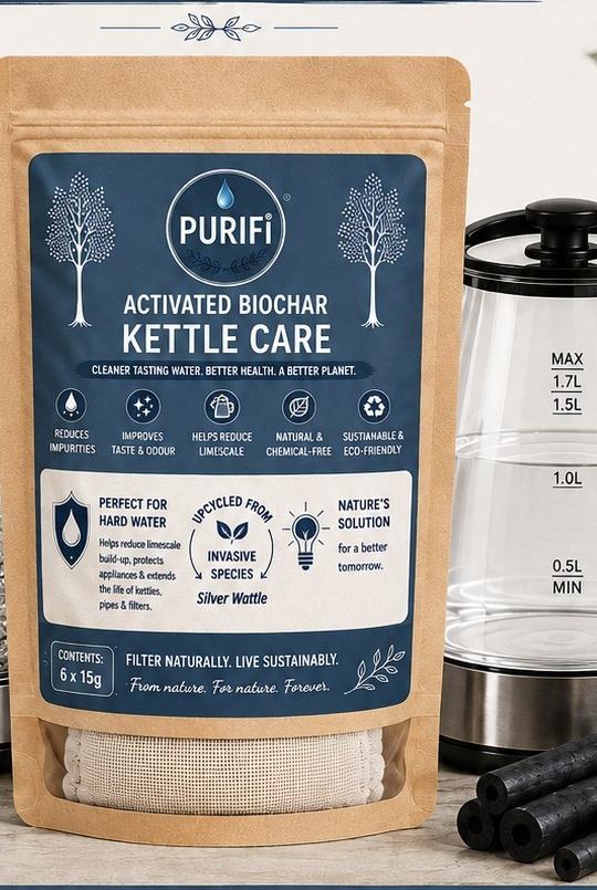 PURIFi activated biochar Kettle Care pouch beside a glass kettle