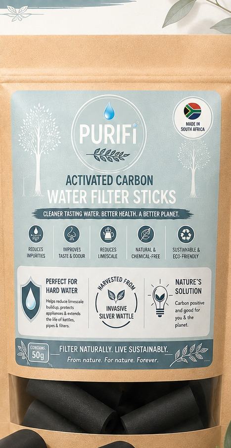 PURIFi activated biochar water filter sticks in a kraft pouch.