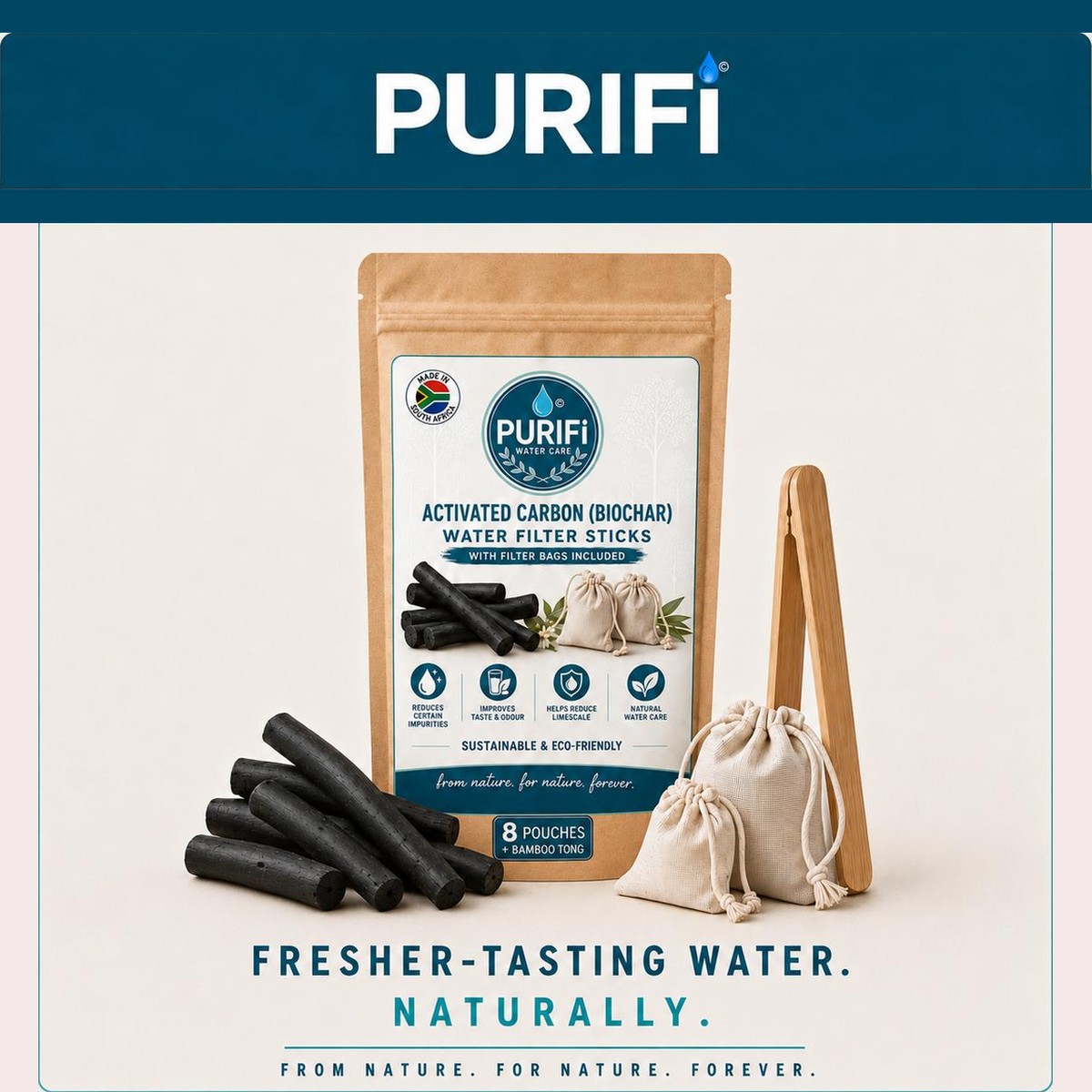 PURIFi 8-pack of activated biochar filter pouches with bamboo tong