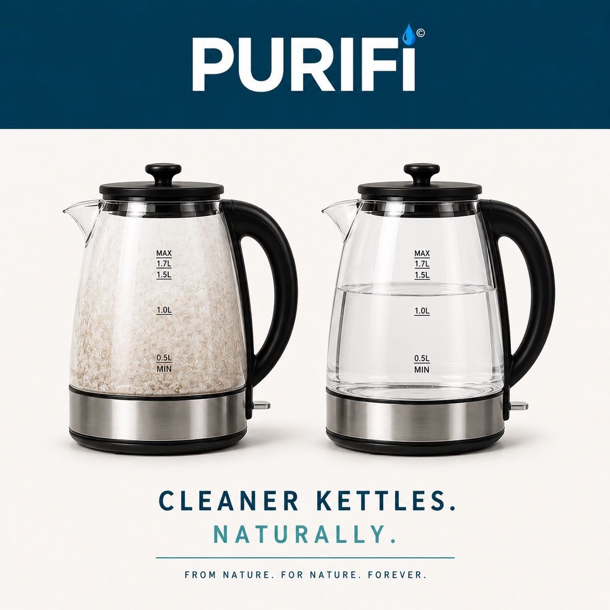 Comparison of a limescale-furred kettle and a clean kettle using PURIFi Kettle Care