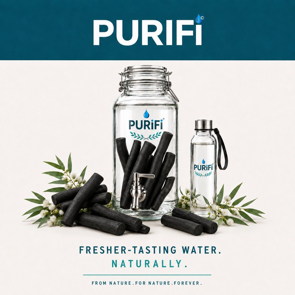 PURIFi activated biochar water filter sticks with glass dispenser and bottle