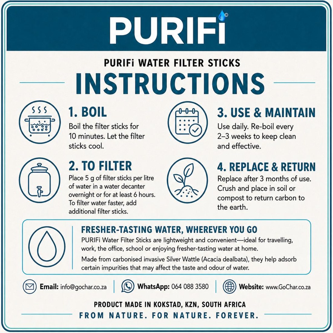PURIFi water filter stick instructions: boil, filter, use and maintain, replace and return to soil.